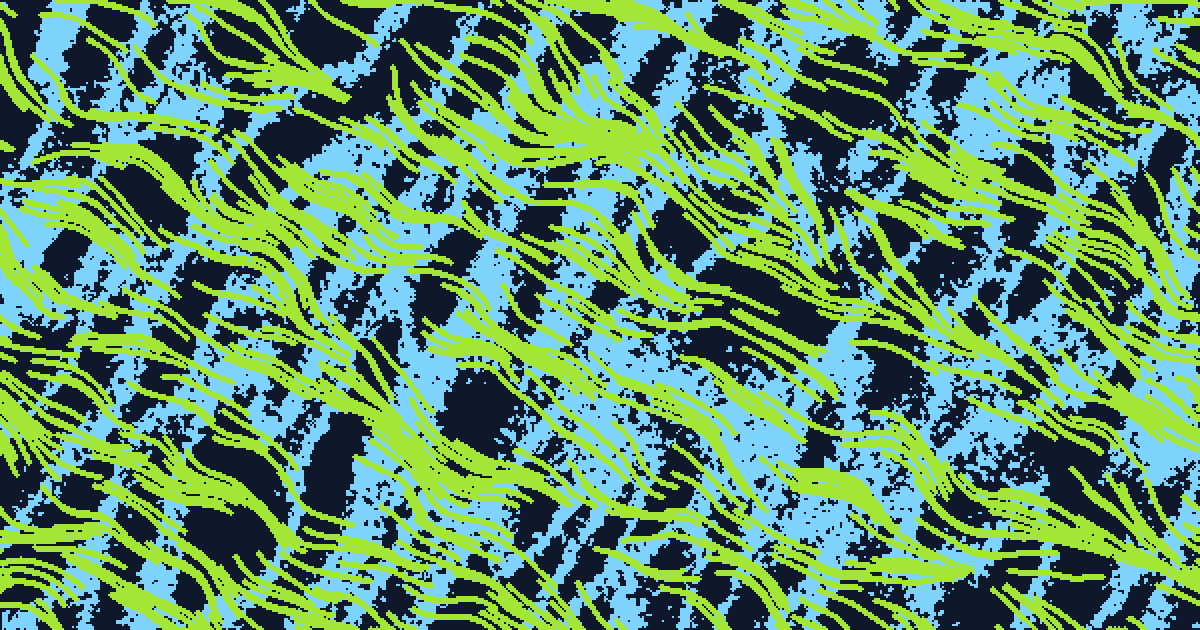 Tide: the two layers' bands bend around each other's ridges, press into crossings, and relax back to the still once per cycle.